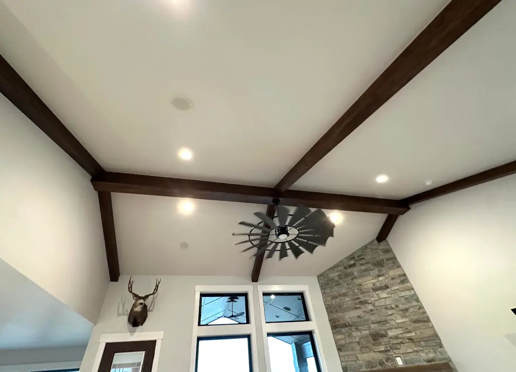 Great room ceiling — shiplap paneling and fan